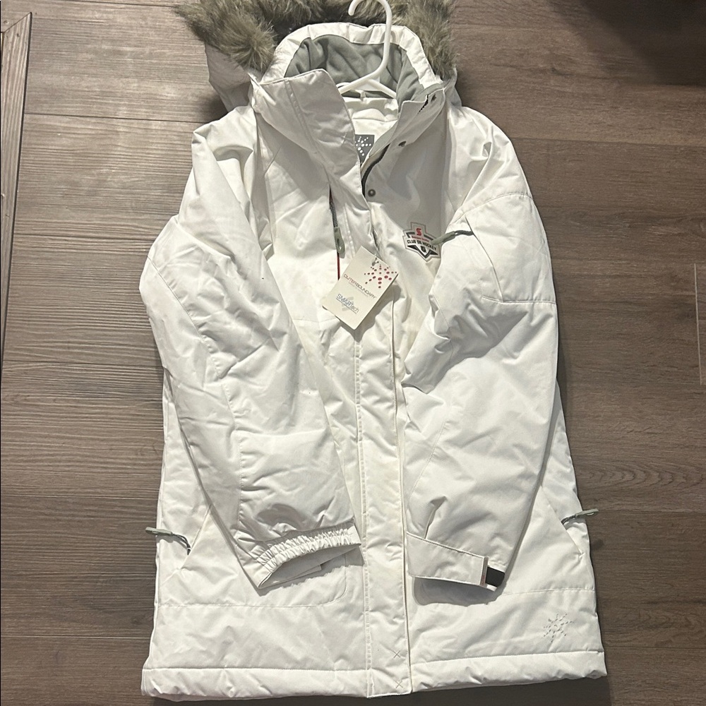 Women's White Ski Jacket with Faux Fur Hood